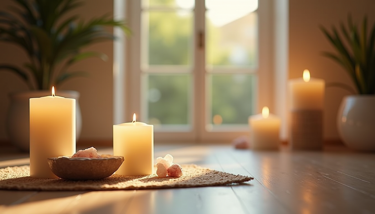 Eye-level view of a serene meditation space with candles and crystals arranged on a wooden table