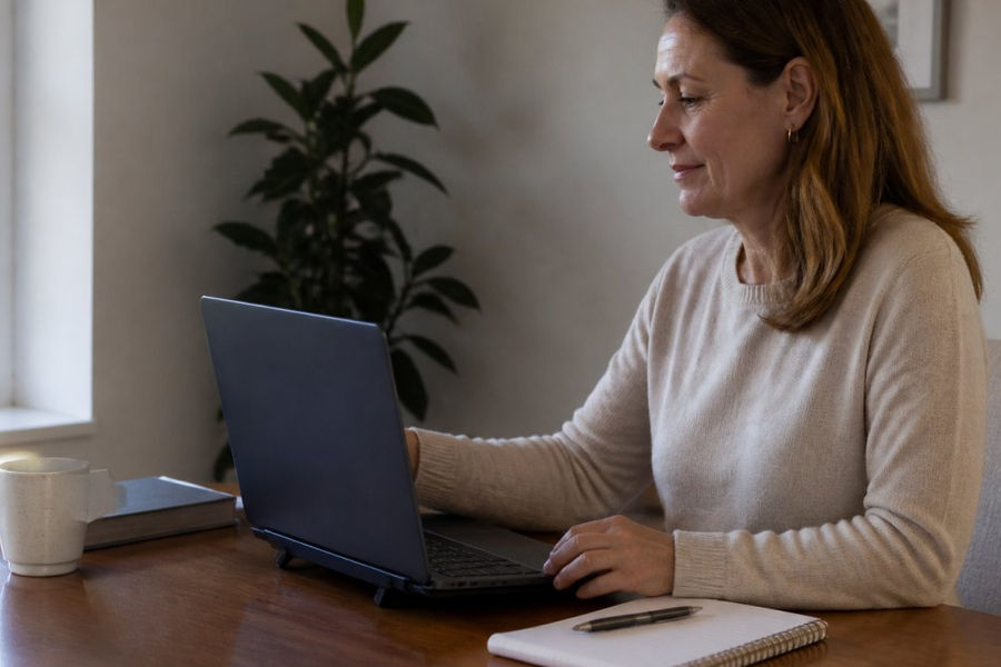 Professional therapist in home office setting up video call with laptop positioned at eye level, soft natural lighting from window, neutral beige background, notepad and pen on desk, plant in corner