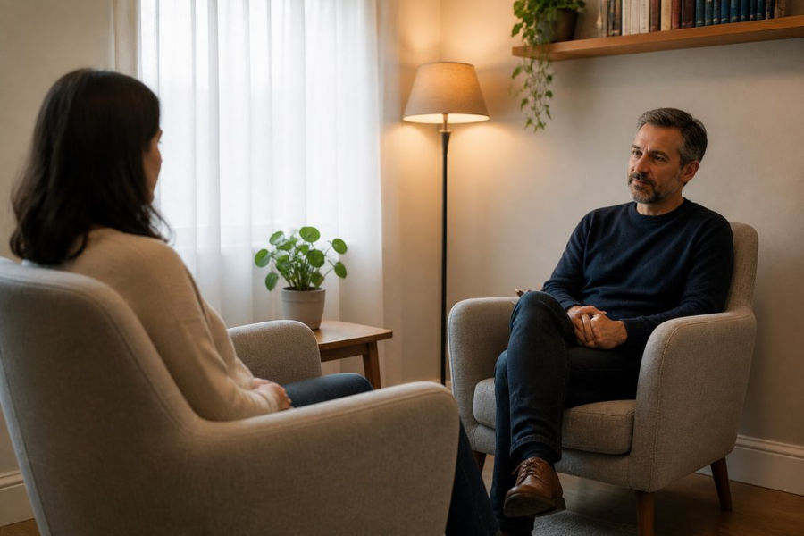 Professional therapist and client in calm, private therapy room with two comfortable chairs facing each other, soft natural lighting filtering through curtains, creating psychological safety and confidentiality