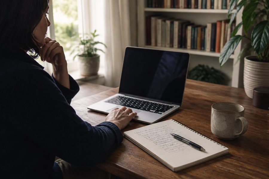 A person sitting at a wooden desk in a quiet home study, laptop open to a professional therapist directory, a mug of tea beside a notepad with handwritten questions