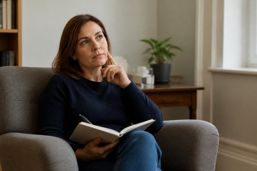 A thoughtful adult seated in a comfortable armchair in a calm, softly lit therapy room, looking reflective, with a notebook and a small plant visible on the side table behind them