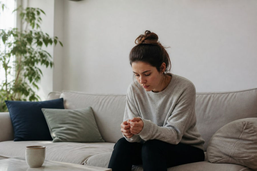 A person sitting alone on a sofa in a calm, softly lit living room, looking down at their hands with a thoughtful, slightly tense expression, capturing a moment of quiet overwhelm