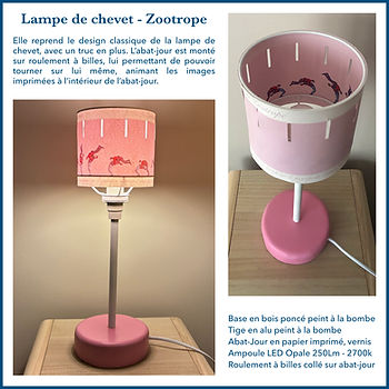 Lampe de chevet rose pour enfant avec système rotatif de l'abat jour et fentes pour animer des images, sur le principe du Zootrope