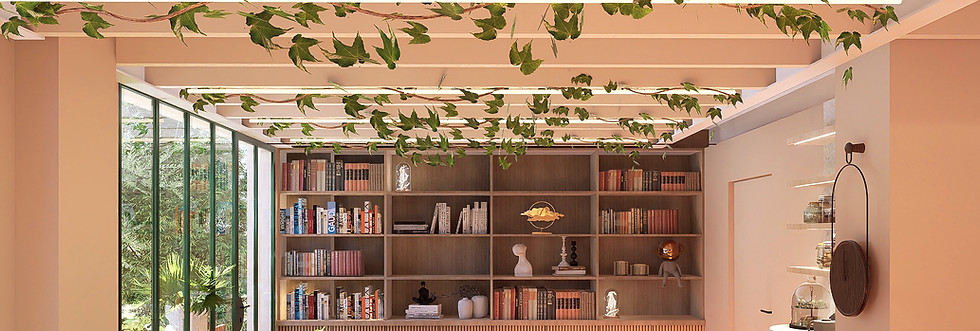 Mise en lumière du café du jardin, serre de la madone à Menton, avec néons LED et feuillages