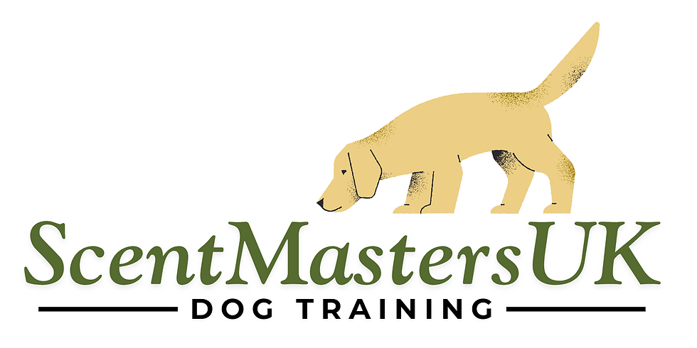 Yellow dog sniffing above "ScentMastersUK Dog Training" text in green and black on a white background. The design conveys focus.