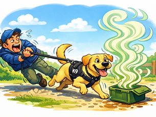 A joyful K9 pulls a startled man along a path towards a green box emitting swirling vapours under a bright blue sky.