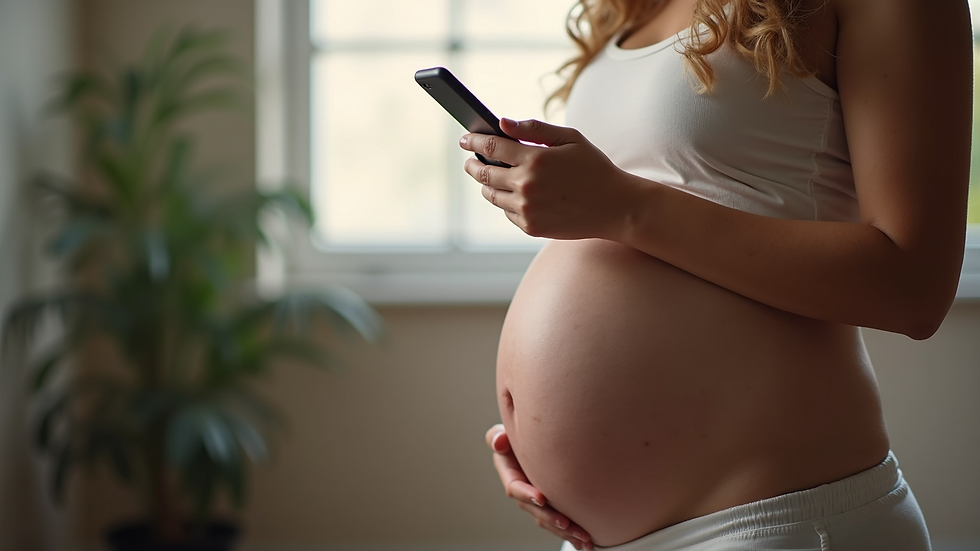 Eye-level view of a pregnant woman using a mobile app for maternal health