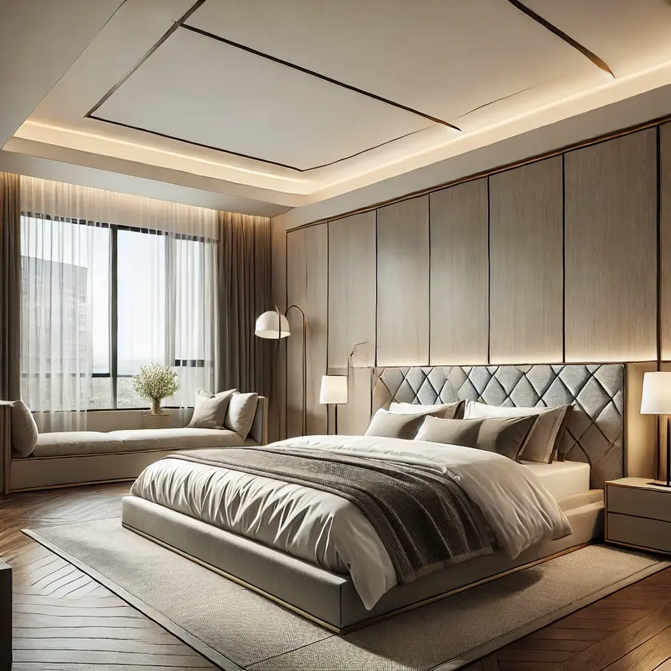 DALL·E 2025-02-17 16.29.32 - A modern bedroom with a sleek and elegant design. Featuring a spacious king-size bed with a stylish upholstered headboard, soft ambient lighting, larg