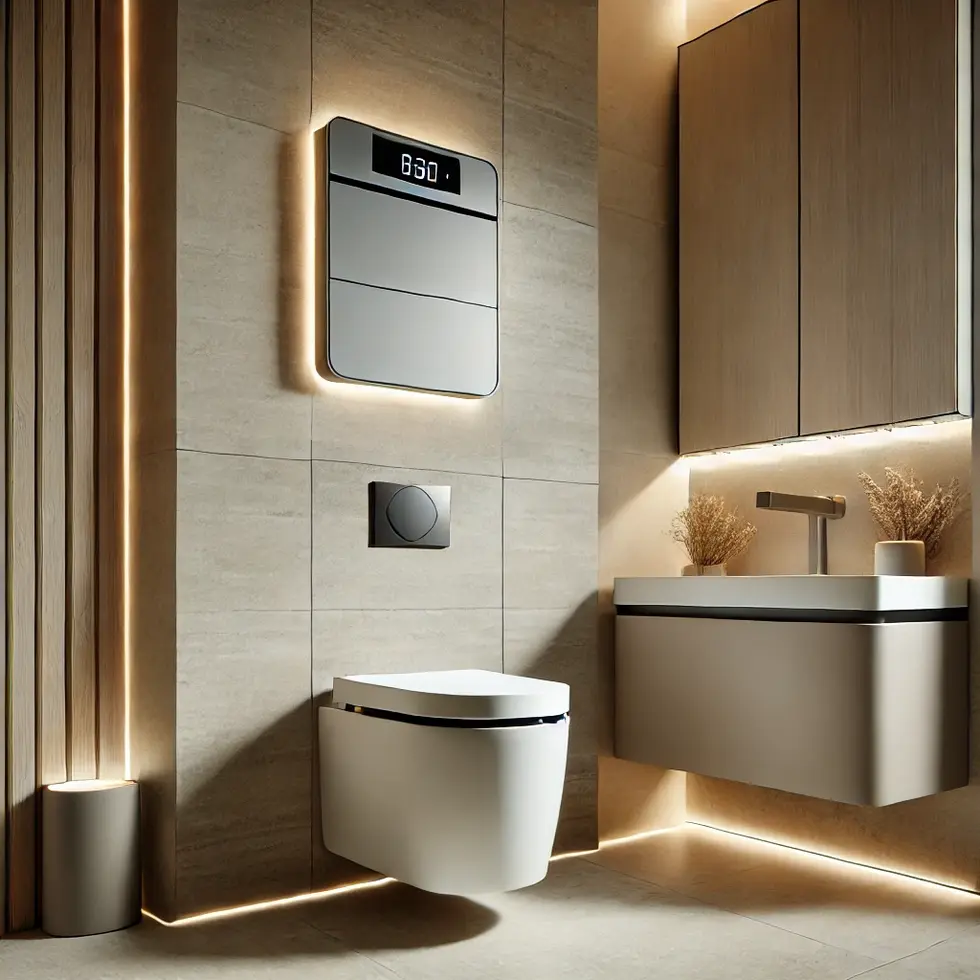 DALL·E 2025-02-17 16.27.34 - A modern toilet with a sleek and minimalist design. Featuring a wall-mounted toilet with a concealed tank, soft LED ambient lighting, high-quality cer