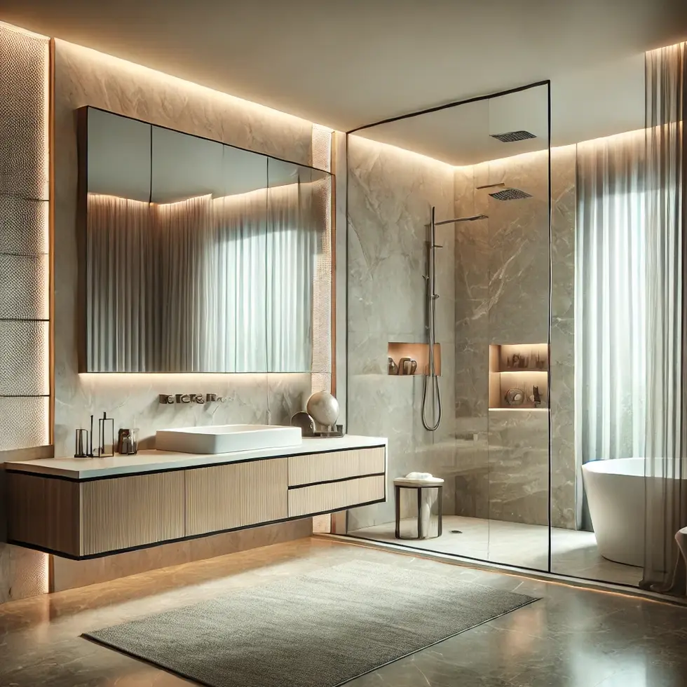 DALL·E 2025-02-17 16.26.22 - A modern bathroom with sleek, minimalist design. Featuring a spacious walk-in shower with glass walls, floating vanity with LED lighting, high-end fix