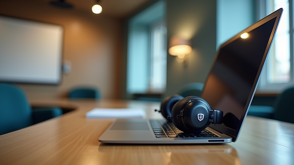 Eye-level view of a modern virtual classroom setup with a laptop and headphones