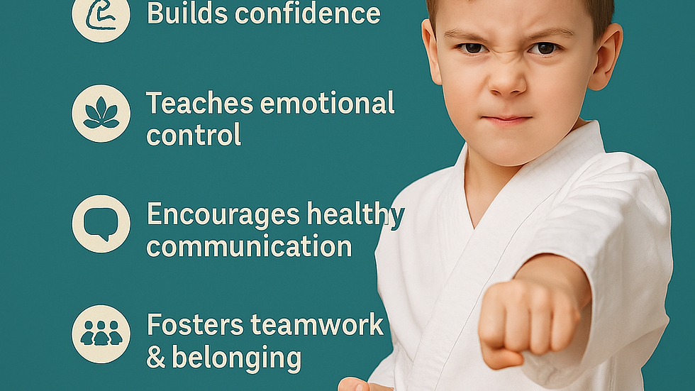 Young child in a karate pose, wearing a white gi. Text highlights confidence, emotional control, and communication skills with "KU Newcastle."