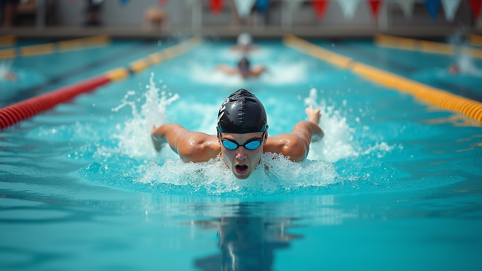 Eye-level view of a swimming pool with swimmers practicing strokes