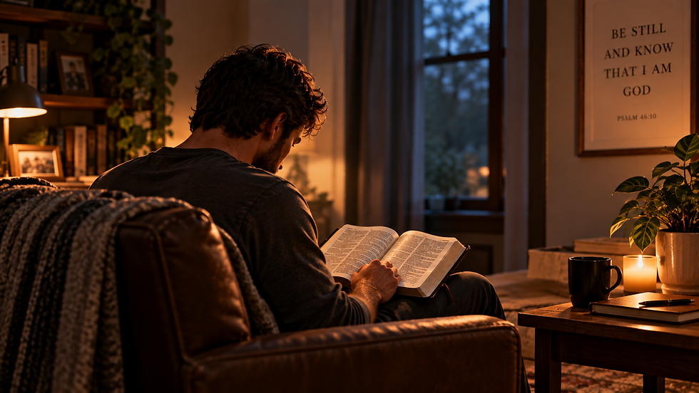 A man spending quiet time with God, reading his Bible alone in a peaceful room at home, surrounded by warm lighting, with a framed Psalm 46:10 scripture on the wall.