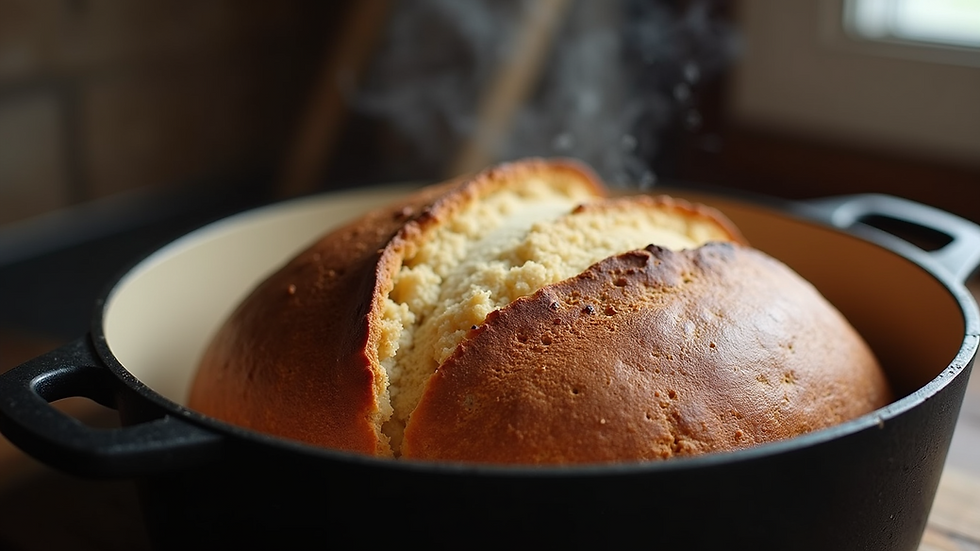 Eye-level view of a Dutch oven with sourdough loaf baking inside