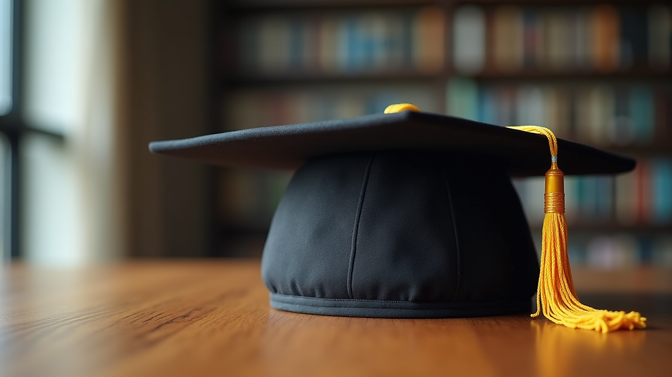 Close-up view of a doctoral tam cap with tassel on a wooden table