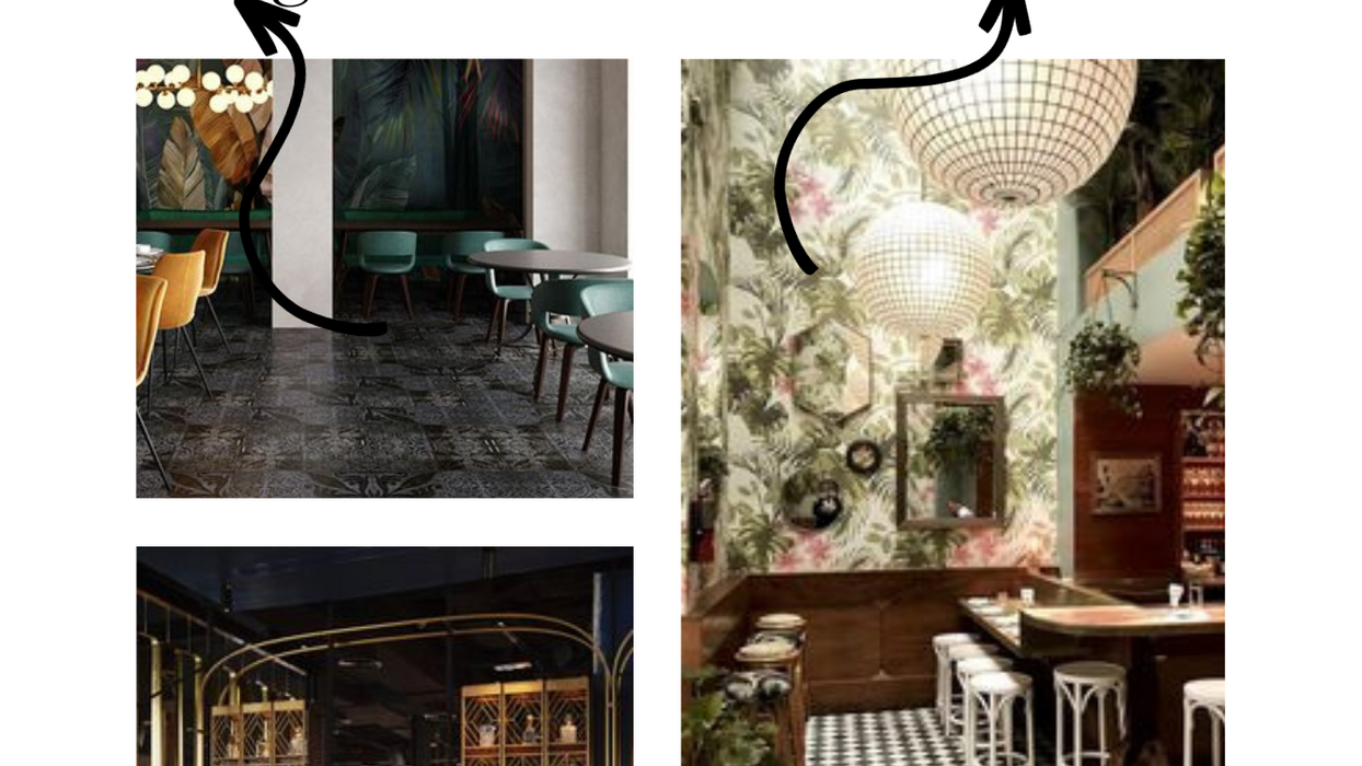 Rasa restaurant design: flooring, wallpaper, chairs, selfie corner