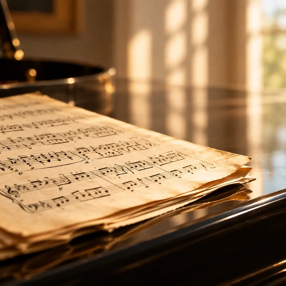 Studio photography of sheet music resting on a glossy black piano. The warm, golden sunlight creates a soft and contemplative musical atmosphere.