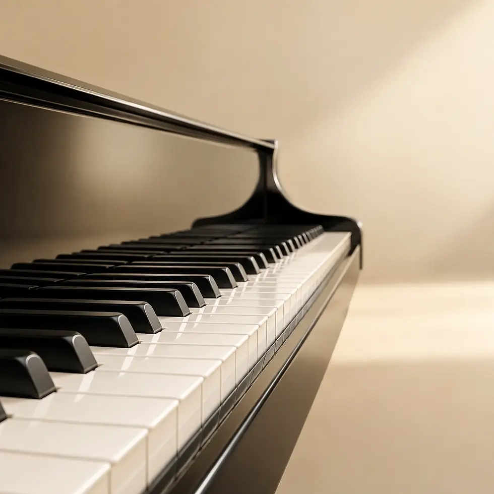 Studio photography of a black grand piano keyboard in high-contrast lighting. The elegant, minimalist composition evokes a mood of classical sophistication and focus.