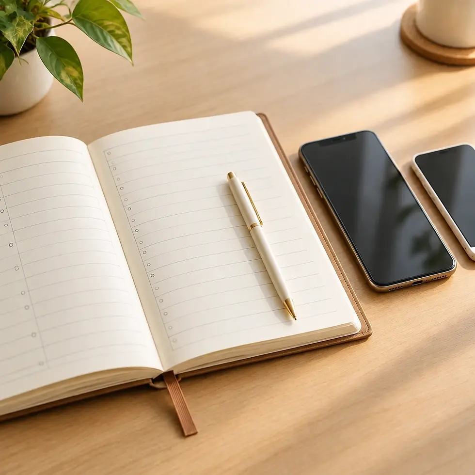 Studio photography of an open planner, a pen, and two smartphones on a wooden desk. The scene is bathed in warm, soft sunlight, creating a productive and organized atmosphere.