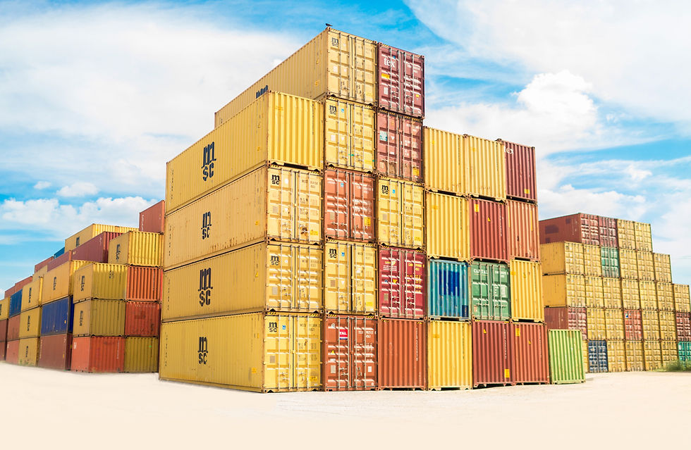 Hundreds of multicoloured containers stacked at a port