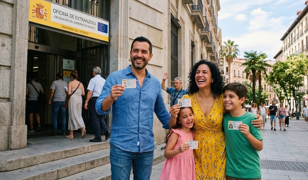 Familia sonriente frente a la Oficina de Extranjería en Madrid mostrando sus tarjetas de residencia tras la Regularización Extraordinaria 2026.