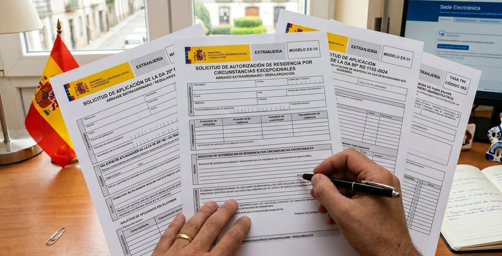 Manos completando el formulario oficial de solicitud de autorización de residencia en España para el trámite de regularización extraordinaria.