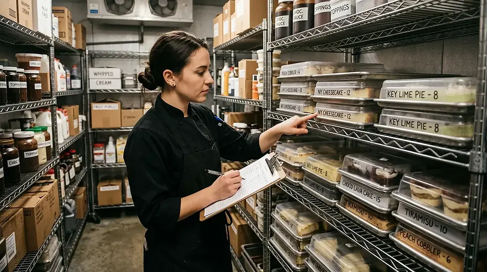 Les Saveurs de René : étagère de réserve de restaurant avec bacs à desserts étiquetés, comptage minutieux des portions.