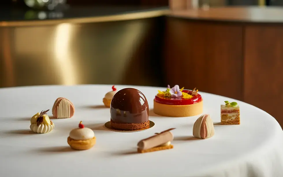 Sélection de dessert haut de gamme en restaurant gastronomique : entremets chocolat au glaçage miroir, dessert aux fruits rouges avec sorbet, tartelette aux agrumes et mignardises raffinées (macarons, mini-éclairs, verrines) dressés sur vaisselle blanche dans une ambiance chic et contemporaine, style photo culinaire ultra-réaliste en lumière naturelle.