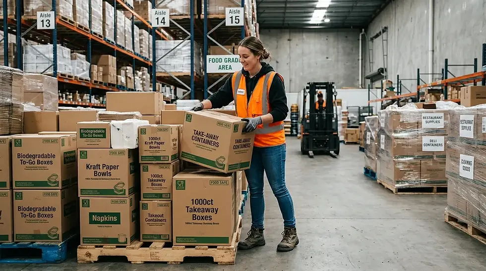 Employé d’entrepôt sélectionnant différentes boîtes d’emballage alimentaire près de palettes de fournitures de restaurant, photo naturelle – Les Saveurs de René