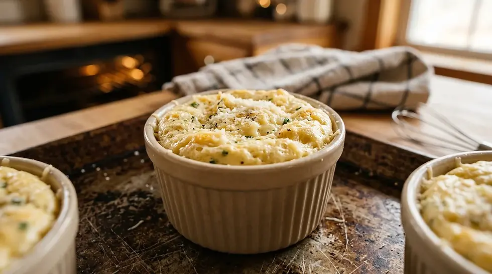 Gros plan d’une pâte de soufflé au fromage salé dans un ramequin sur une plaque, éclairage chaud de cuisine – Les Saveurs de René