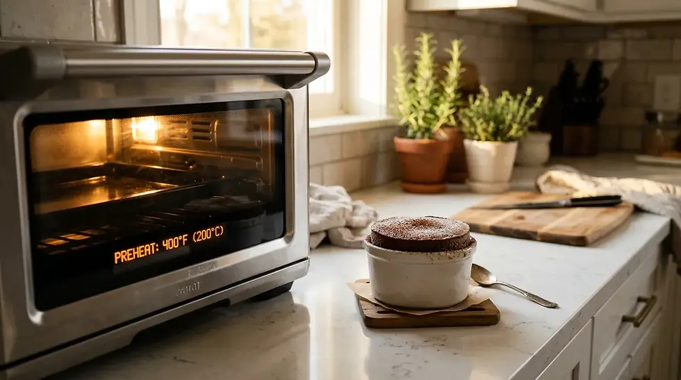 Les Saveurs de René : soufflé surgelé dans un ramequin sur plan de travail de cuisine, près d’un four préchauffé, lumière naturelle chaleureuse
