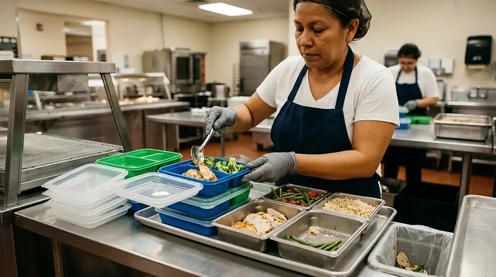 Les Saveurs de René : serveur de cafétéria répartissant des portions individuelles dans des contenants réutilisables, plateau avec restes minimes.