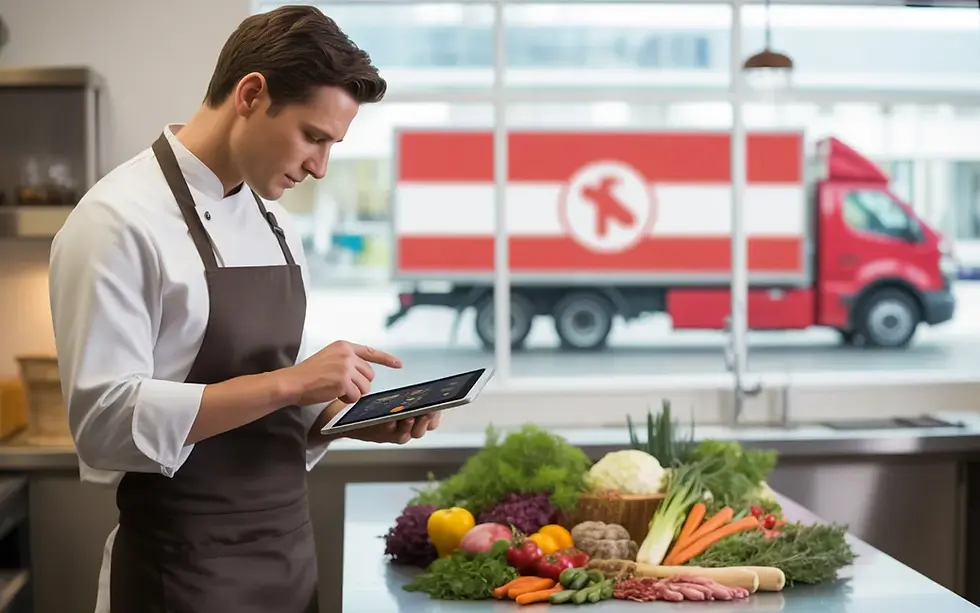 Chef cuisinier moderne consultant une tablette numérique dans une cuisine professionnelle inox avec produits frais colorés et camion de livraison en arrière-plan, illustrant l’innovation en restauration et une chaîne d’approvisionnement alimentaire technologique.