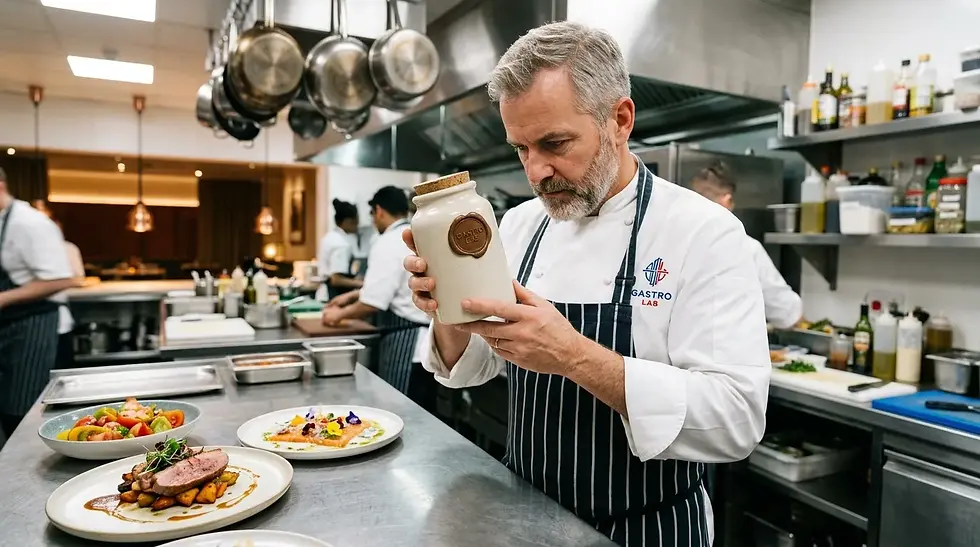 Chef en cuisine professionnelle examinant un produit alimentaire unique sous vide près de plats dressés – Les Saveurs de René