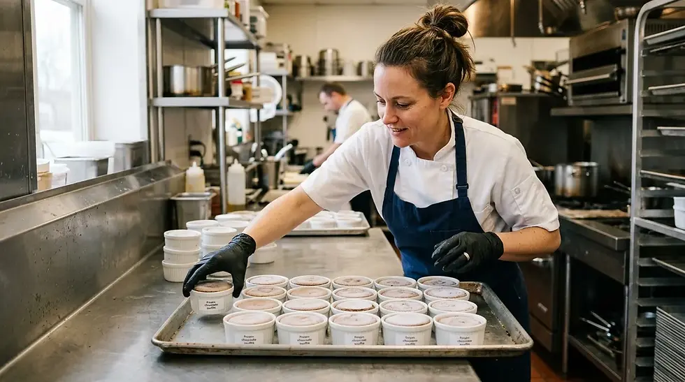 Photo naturelle d’un traiteur arrangeant des ramequins de soufflé surgelés sur un plateau de cuisine en inox – Les Saveurs de René