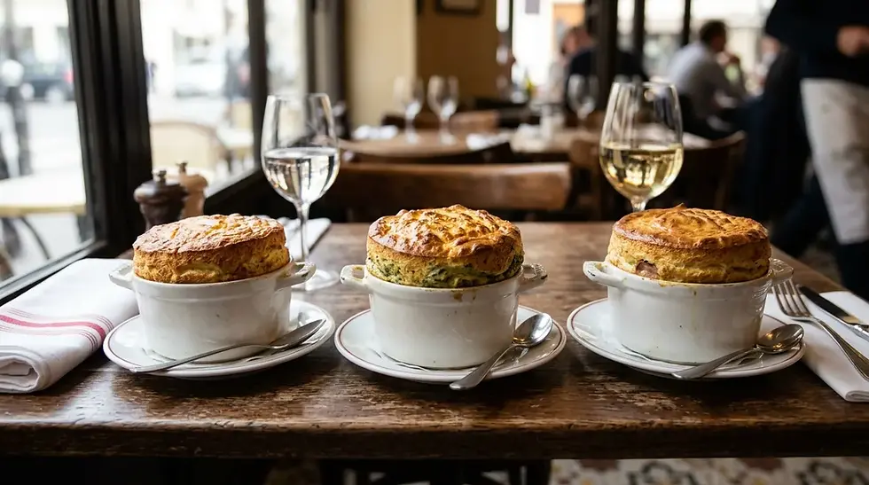 Table de brasserie avec trois soufflés salés en ramequins, dessus dorés, lumière douce et faible profondeur de champ – Les Saveurs de René
