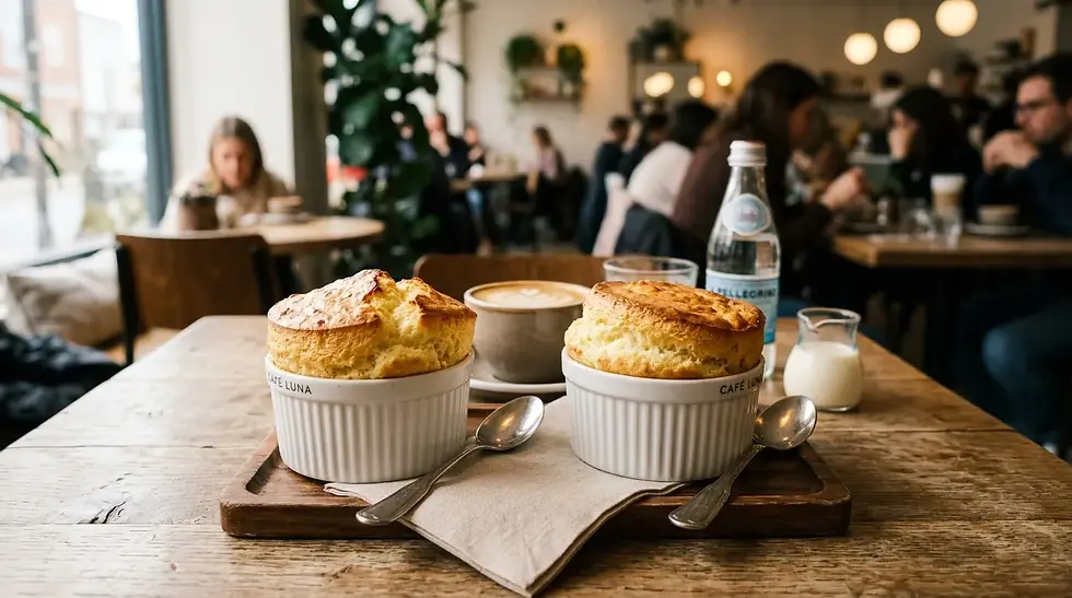 Photo naturelle de deux soufflés dorés en train de lever dans des ramequins sur une table de café moderne – Les Saveurs de René