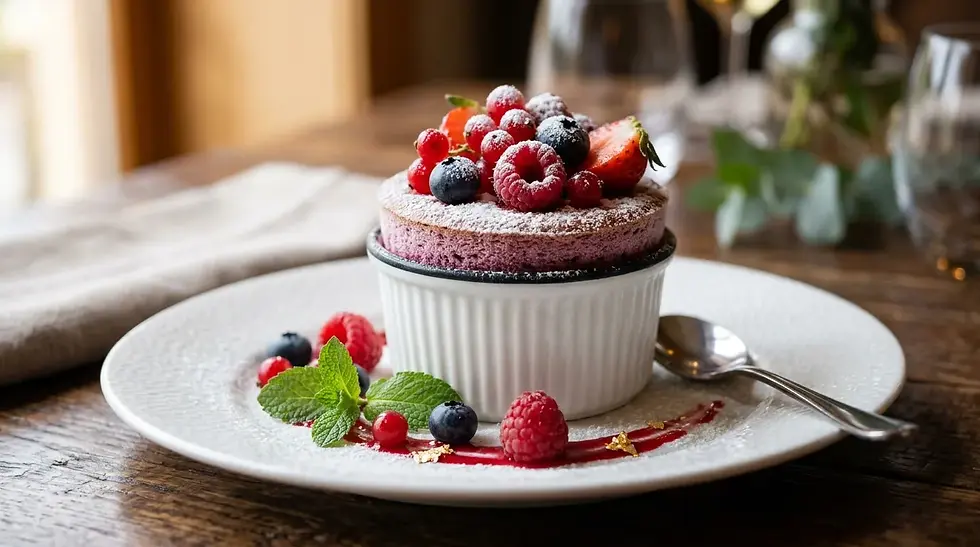 Gros plan d’un soufflé glacé aux fruits rouges servi sur une assiette blanche – Les Saveurs de René