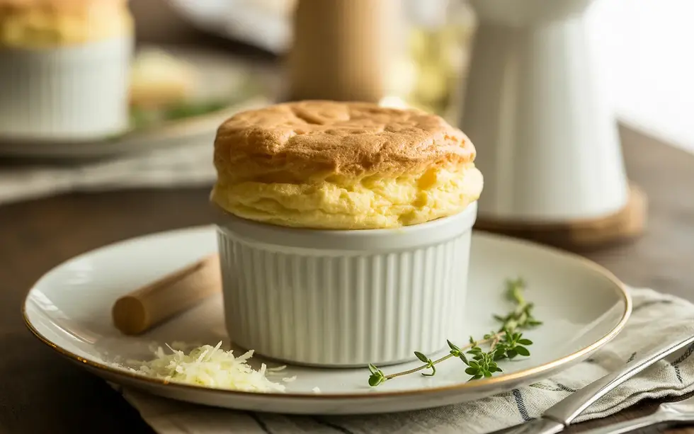 Photo gastronomique d’un soufflé chaud à l’emmental, doré et gonflé dans un ramequin blanc sur une table en bois sombre, entouré d’herbes fraîches et de râpée de fromage, illustrant Le Soufflé Emmental une solution originale pour renouveler sa carte hivernale.