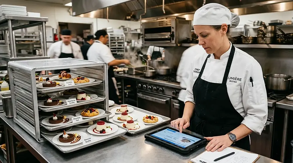 Chef en cuisine professionnelle commandant des soufflés surgelés Les Saveurs de René sur une tablette, à côté de plateaux de desserts.