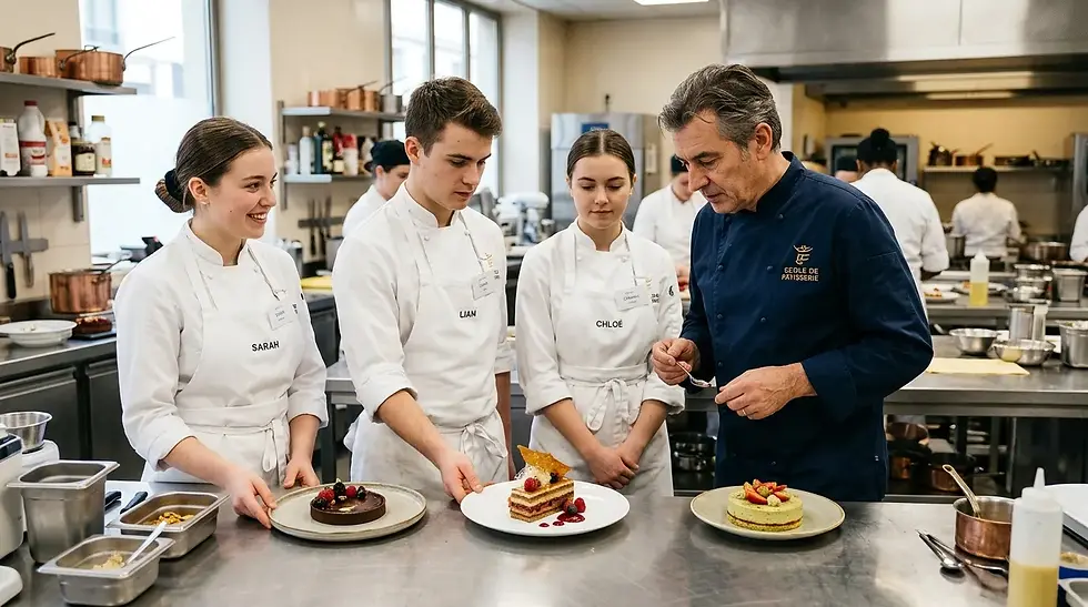 Étudiants en pâtisserie en veste blanche présentant des desserts dressés pendant qu’un chef juge attentivement – Les Saveurs de René