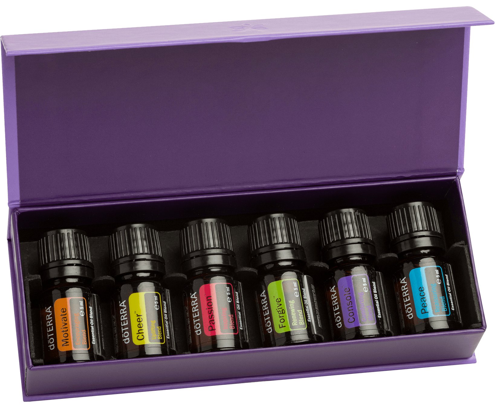 Six mélanges d'huiles essentielles dans une boîte violette
