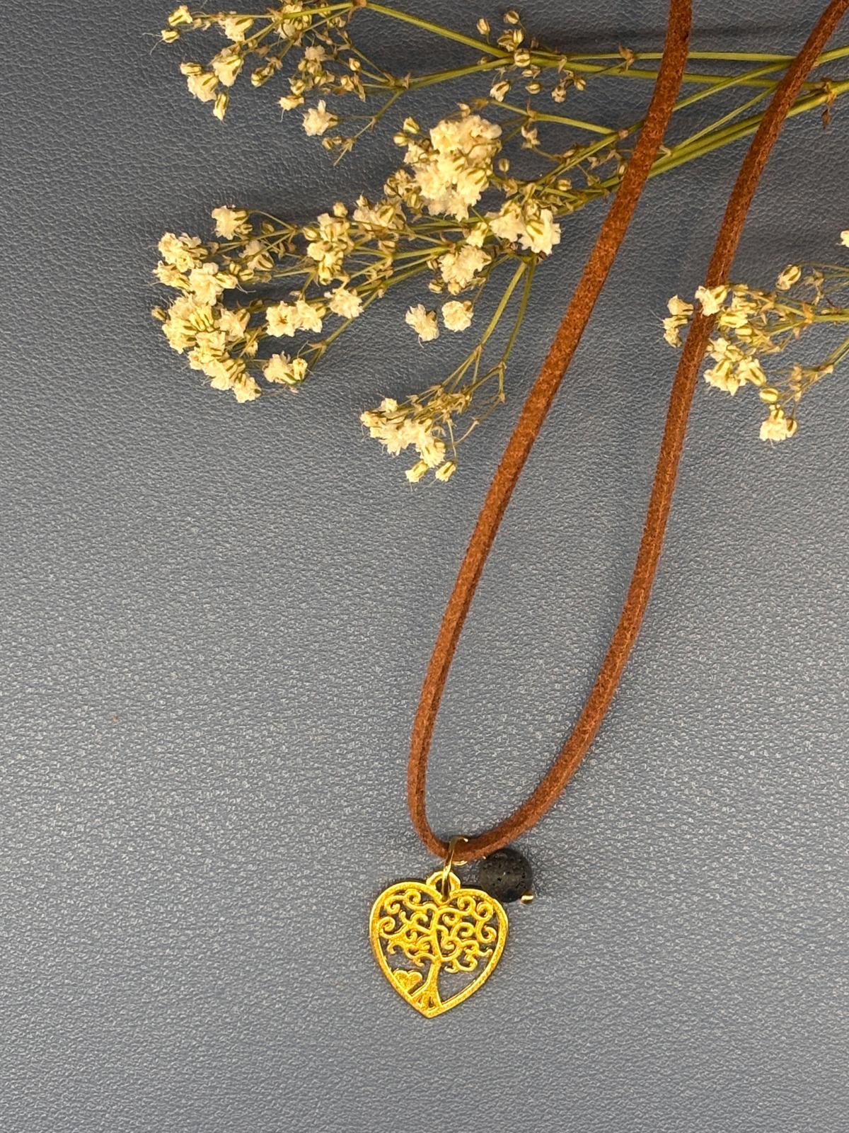 Collier cordon marron, pendentif cœur arbre de vie, perle diffuseur