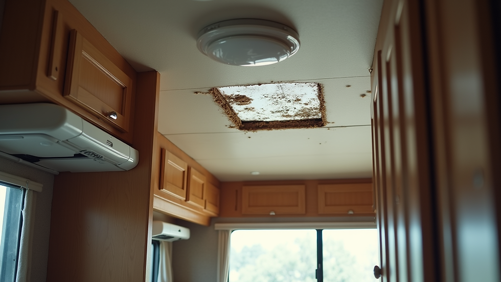 Eye-level view of RV interior showing water damage on ceiling