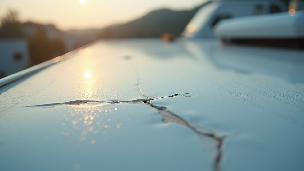 Close-up view of RV roof with visible sealant and minor cracks