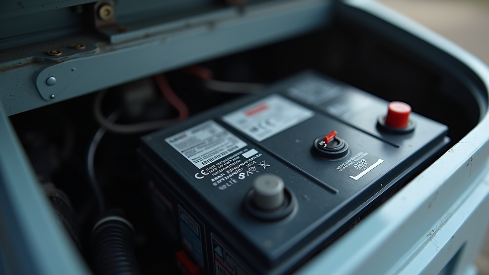 Eye-level view of RV battery compartment with clean terminals