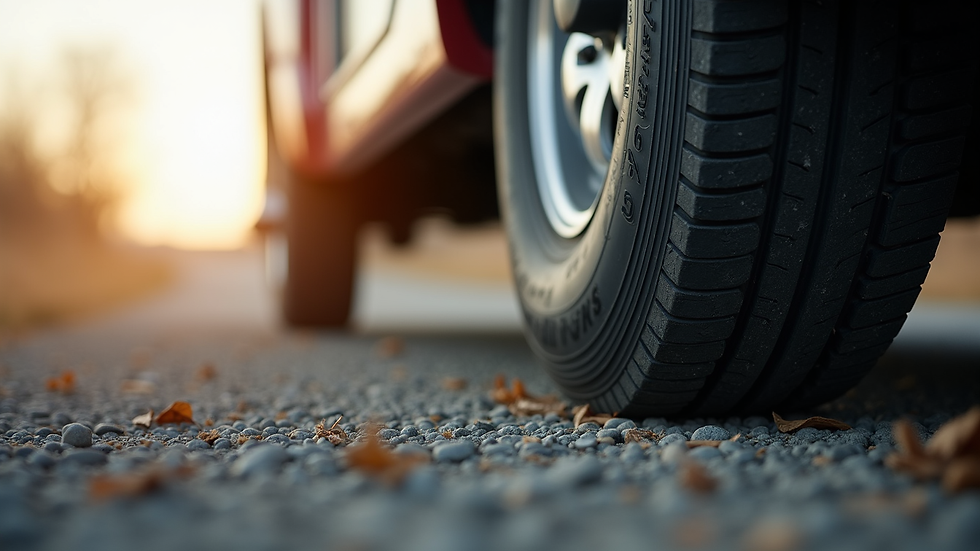 Eye-level view of RV tire with visible tread and sidewall