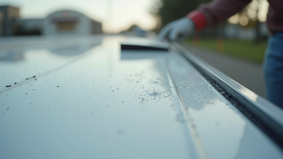 Close-up view of RV roof with visible sealant applied