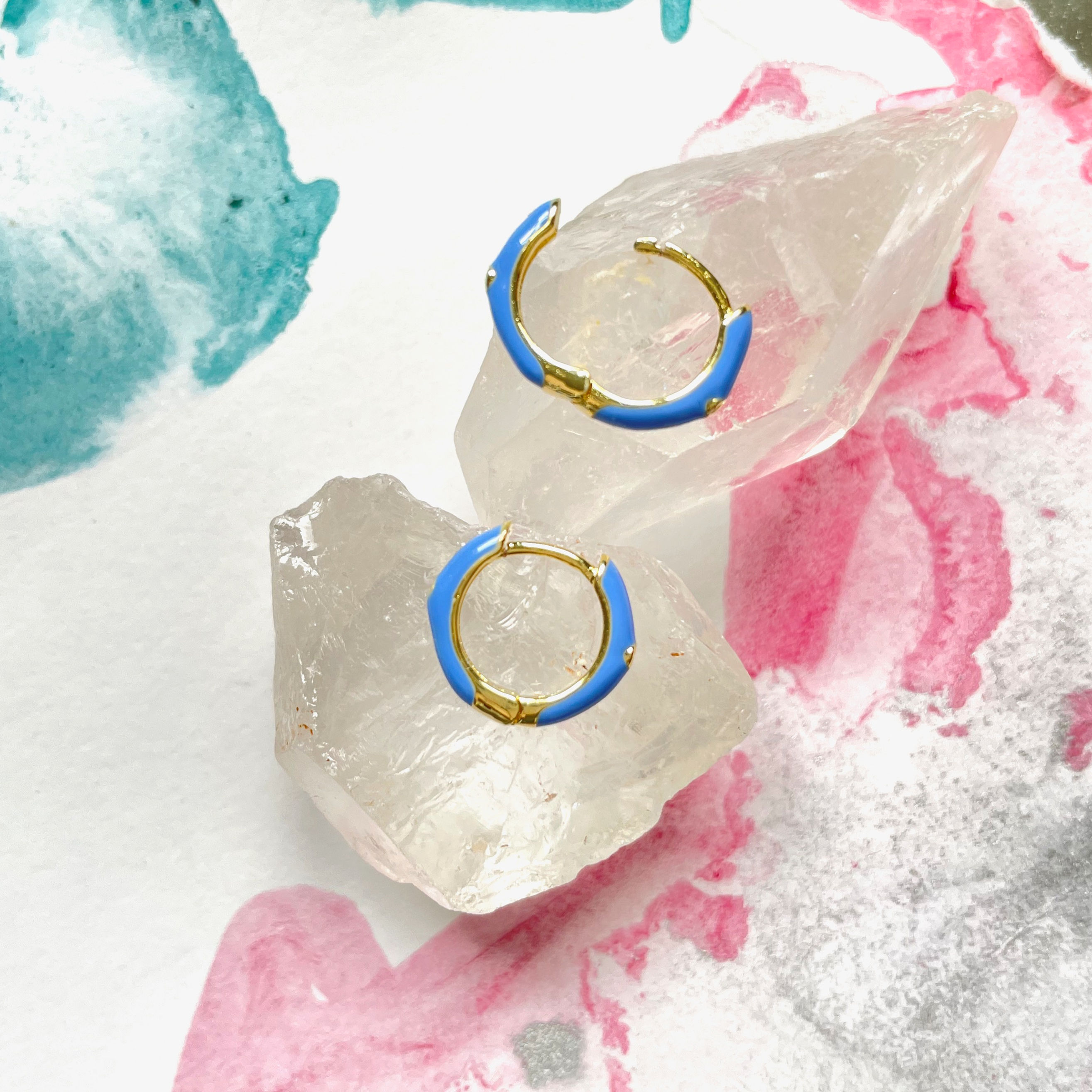 Pale Blue Enamel Huggie Hoops with CZ